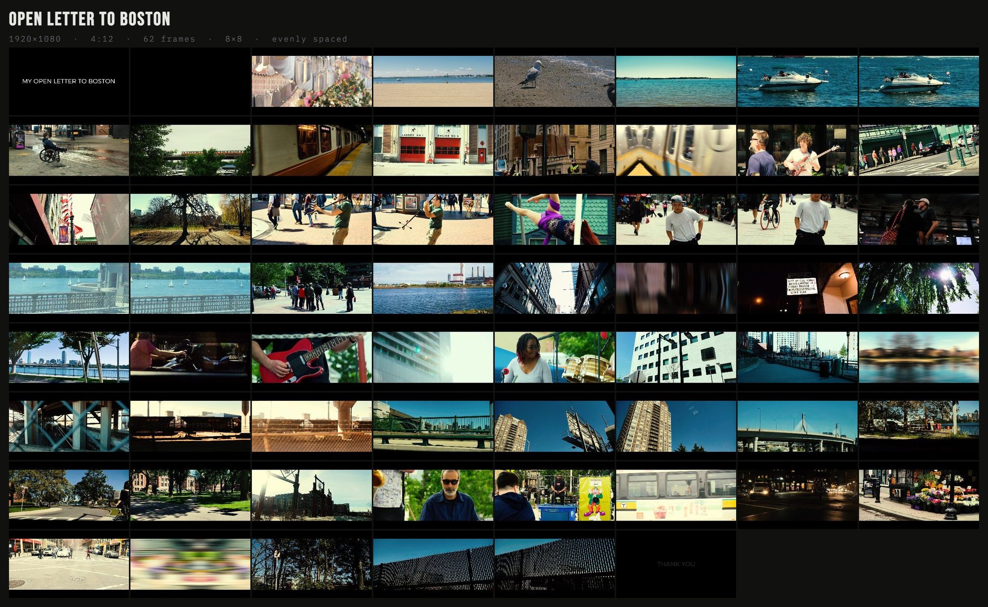 Open Letter to Boston contact sheet — 62 frames, evenly spaced